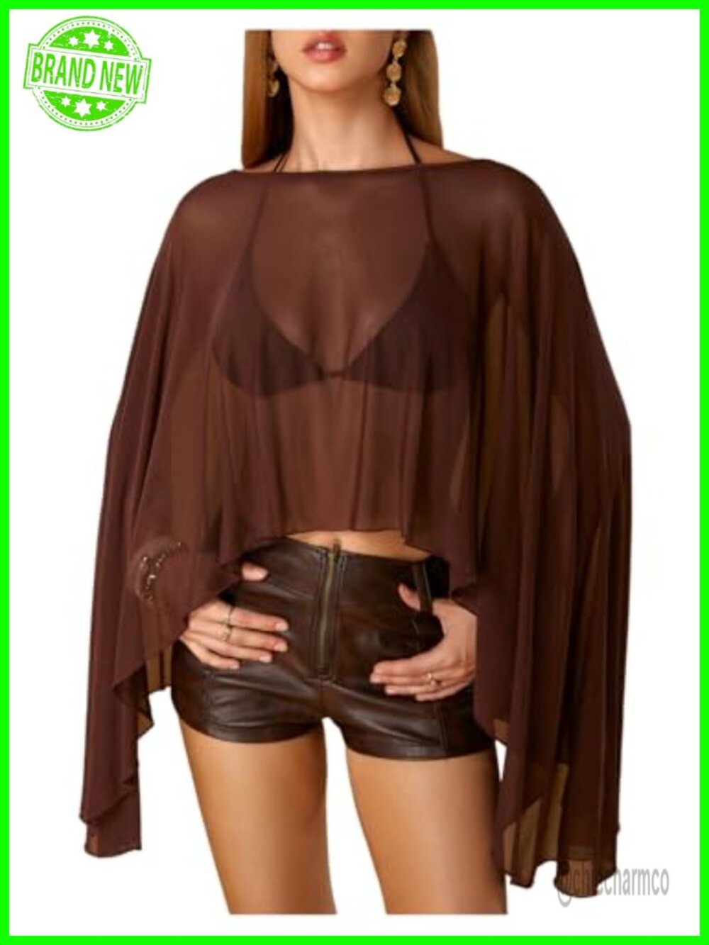 Women Sheer Mesh Poncho Top Flowy Bell Sleeve Cropped Beach Cover Up